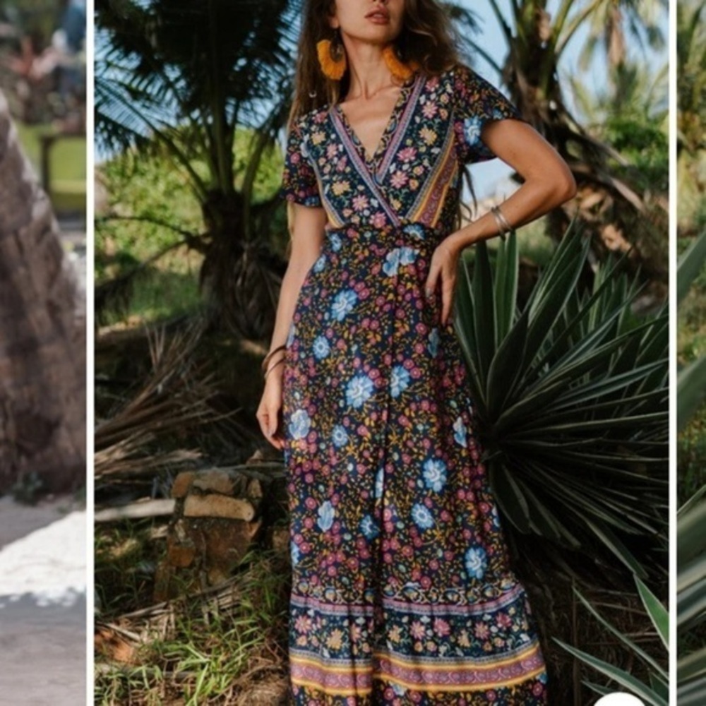 Navy Blue Bohemian Colorful Floral Maxi Dress Size XXL, Boho Wrap Dress